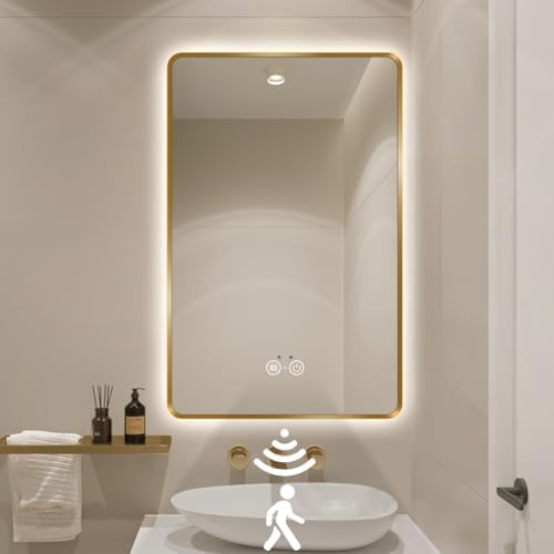 Gold LED Bathroom Mirror with Motion Sensor and Anti-Fog