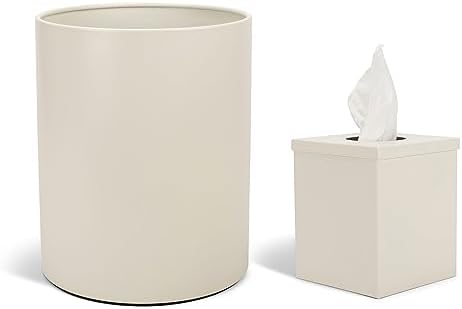 Round Bathroom Trash Can and Tissue Holder Set of 2 White