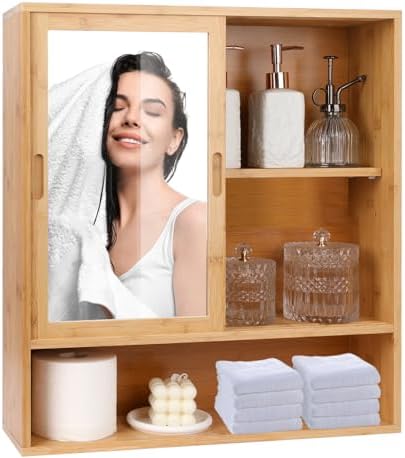 ZYBT Bamboo Medicine Cabinet with Mirror and 2 Sliding Doors