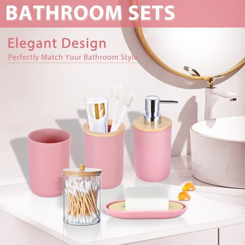 iMucci 5 Piece Bathroom Accessories Set with Pink Bamboo Cover