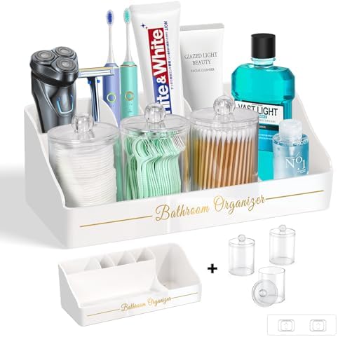DENSAIL Bathroom Organizer with 3 Qtip Holders and Toothpaste Drainage - White