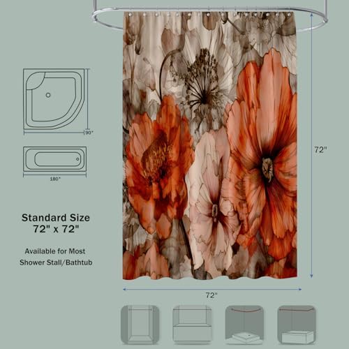 YAEHOCO Brown Red Flower Shower Curtain 72x72 Inch 1