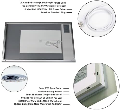 GESIPOR 48x36 Wall-Mounted LED Mirror with Speaker