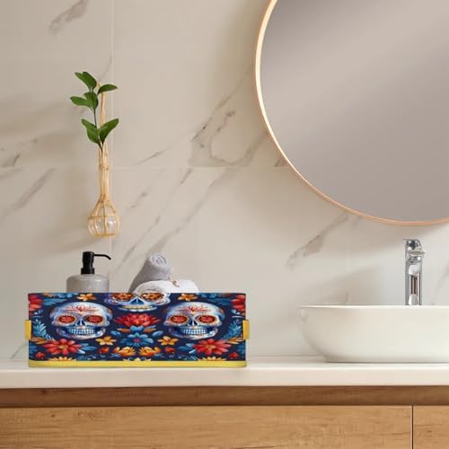 Mexican Floral Skeleton Toilet Paper Basket Organizer with Handles
