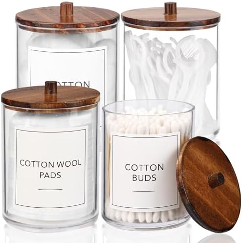Temoyj 4 Pack QTip Holder Dispenser with Wood Lids