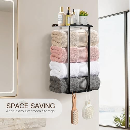 KISENG Towel Rack with Shelf 6 Hooks for Bathroom