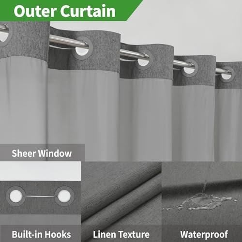 Linen Textured Shower Curtain Set with Snap-in Liner Charcoal Grey
