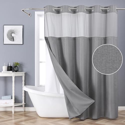 Grey No Hook Shower Curtain with Snap-in Liner Set 1
