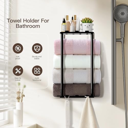 KISENG Towel Rack with Shelf 6 Hooks for Bathroom