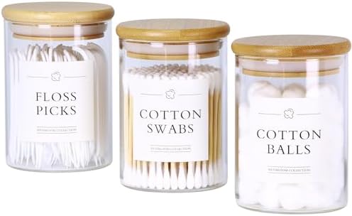 3 Pack QTip Holder Dispenser - Glass Jars with Bamboo Lids