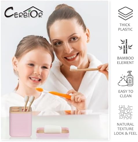 CERBIOR 6-Piece Bamboo Bathroom Accessory Set Pink 1
