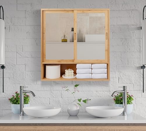 ZYBT Bamboo Medicine Cabinet with Mirror and 2 Sliding Doors