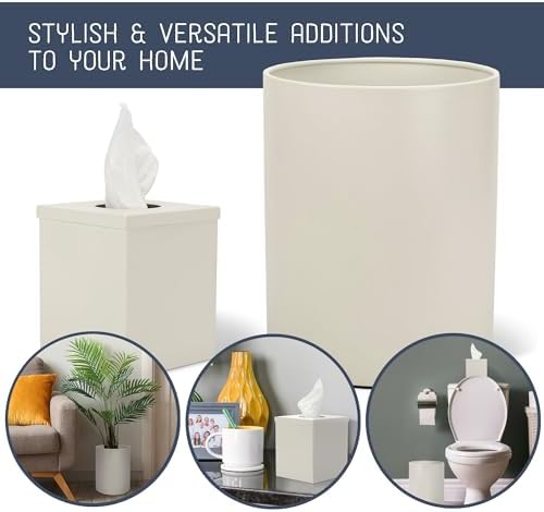 Round Bathroom Trash Can and Tissue Holder Set of 2 White