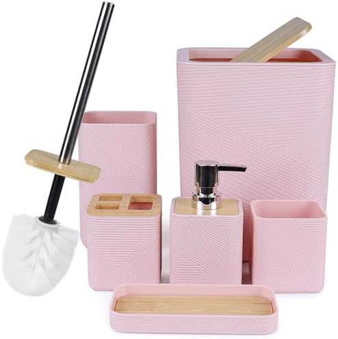 CERBIOR 6-Piece Bamboo Bathroom Accessory Set Pink 1
