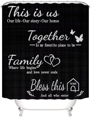 AZHM Family Shower Curtain Set Black with Rugs and Hooks