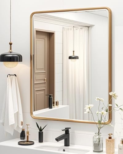 Gold Mirror 24x36 Brushed Metal Frame Wall Mounted Bathroom Mirror