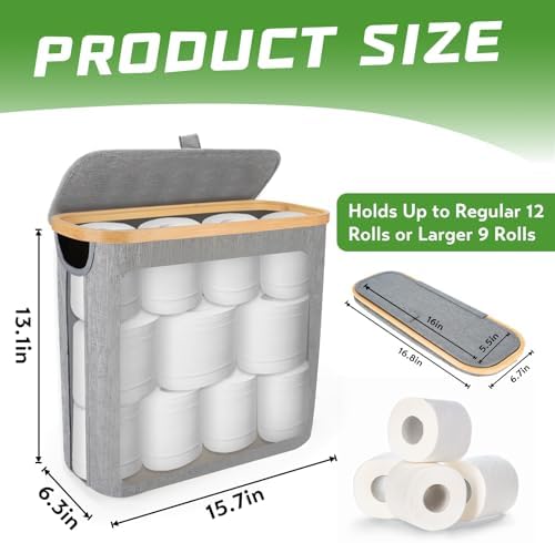 Toilet Paper Storage Basket - 9 Rolls Capacity - Bamboo Holder - Grey