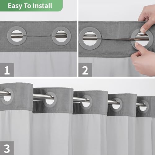 Grey No Hook Shower Curtain with Snap-in Liner Set 1