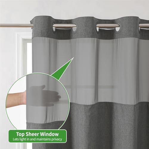 Linen Textured Shower Curtain Set with Snap-in Liner Charcoal Grey