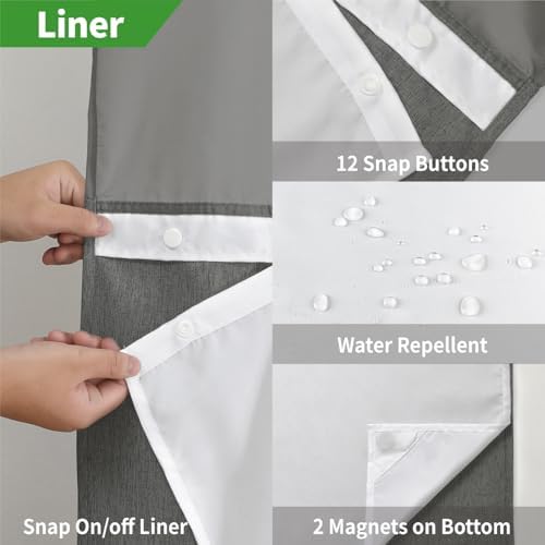 Linen Textured Shower Curtain Set with Snap-in Liner Charcoal Grey