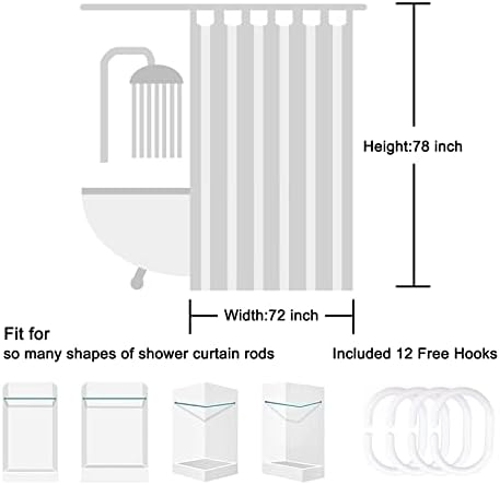 Punkray Grey White Striped Polyester Shower Curtain with Hooks
