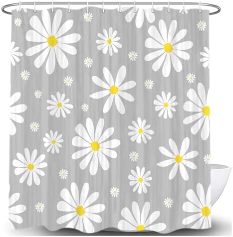 Grey Daisy Floral Shower Curtain Set with Hooks 72x75 Inch
