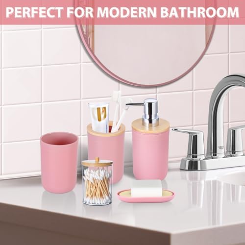 iMucci 5 Piece Bathroom Accessories Set with Pink Bamboo Cover