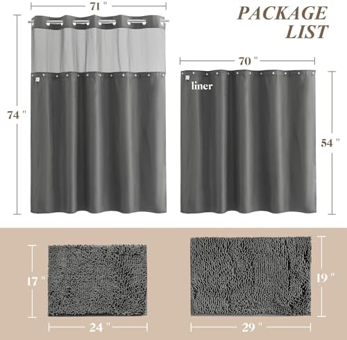 Barossa Design No Hook Shower Curtain Set with Rugs - Grey