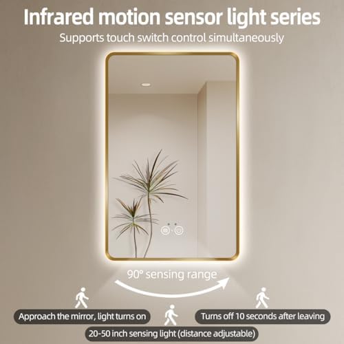 Gold LED Bathroom Mirror with Motion Sensor and Anti-Fog
