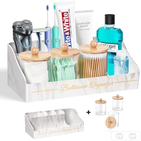 DENSAIL Marble White Bathroom Organizer with 3 Qtip Holders