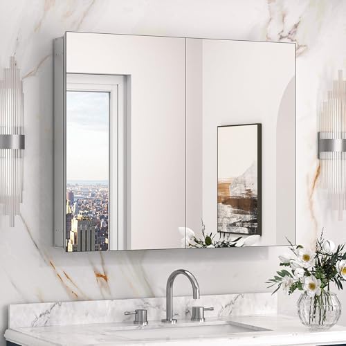 Keonjinn 30x26 Inch Medicine Cabinet with Mirror Silver Frame