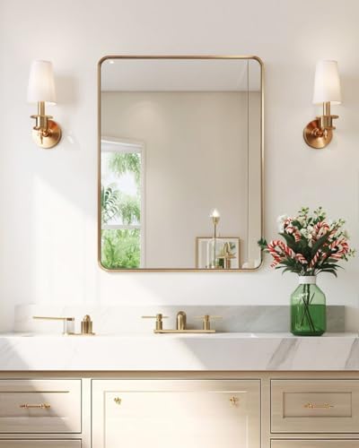 Gold Mirror 24x36 Brushed Metal Frame Wall Mounted Bathroom Mirror