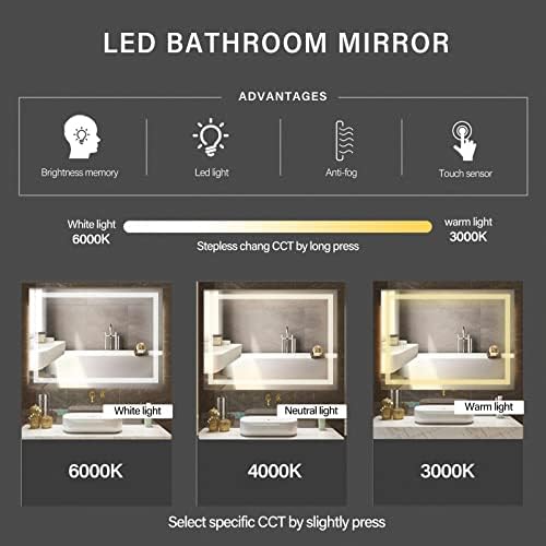 36x28 LED Bathroom Mirror with Anti-Fog and Memory Function
