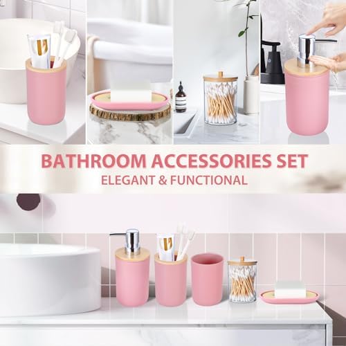 iMucci 5 Piece Bathroom Accessories Set with Pink Bamboo Cover
