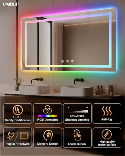 Oneup 55x36 Inch RGB LED Bathroom Mirror with Lights 1
