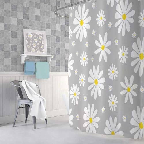 Grey Daisy Floral Shower Curtain Set with Hooks 72x75 Inch