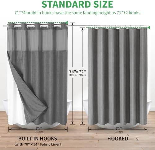 Linen Textured Shower Curtain Set with Snap-in Liner Charcoal Grey