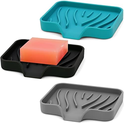 3-Pack Premium Silicone Soap Dishes - Self Draining Anti-Slip Easy to Clean