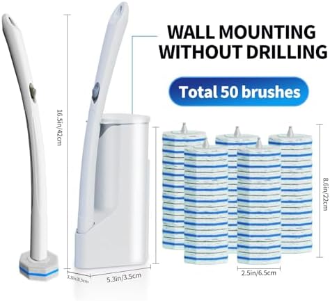 Hohoky Disposable Toilet Brush with 50 Refills and Wall Mount Holder