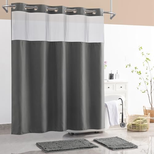 Barossa Design No Hook Shower Curtain Set with Rugs - Grey
