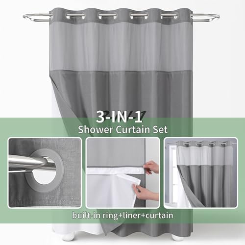 Grey No Hook Shower Curtain with Snap-in Liner Set 1