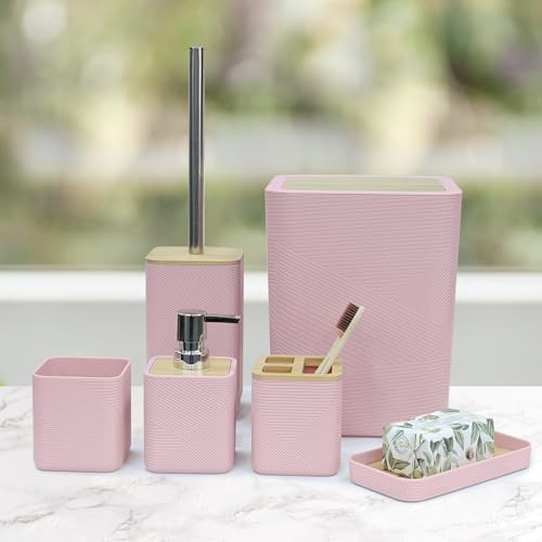 CERBIOR 6-Piece Bamboo Bathroom Accessory Set Pink 1