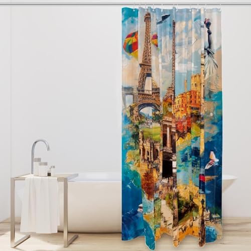 VAPOKF Travel Building Pattern Shower Curtain Set with 12 Hooks - 72x72 Inches