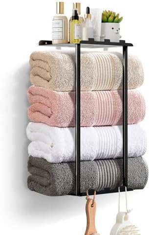 KISENG Towel Rack with Shelf 6 Hooks for Bathroom