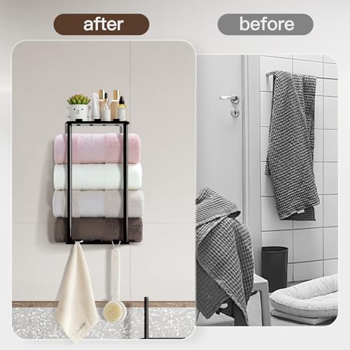 KISENG Towel Rack with Shelf 6 Hooks for Bathroom