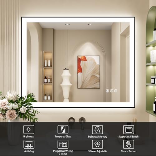 40x32 Inch LED Bathroom Mirror with Black Frame