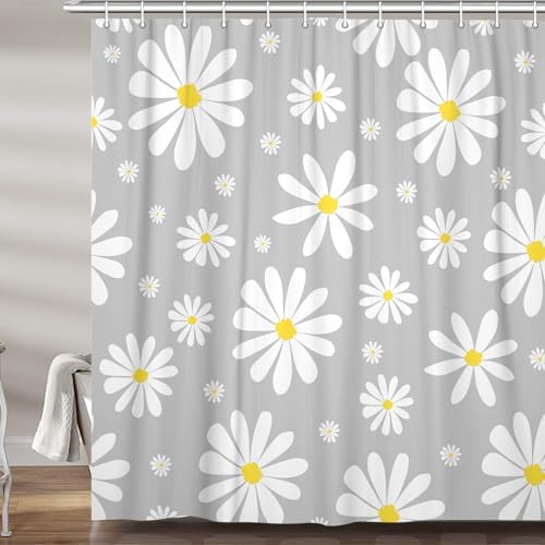 Grey Daisy Floral Shower Curtain Set with Hooks 72x75 Inch