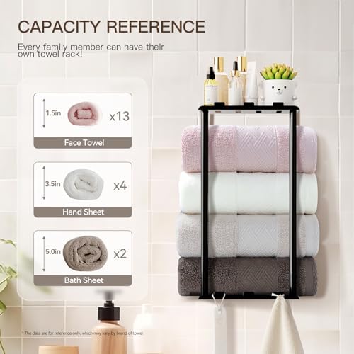 KISENG Towel Rack with Shelf 6 Hooks for Bathroom
