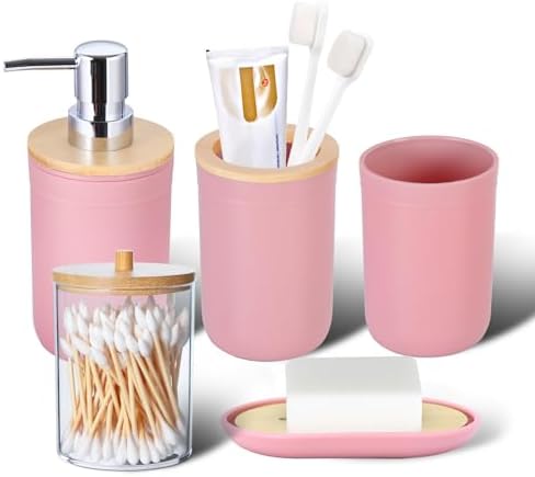 iMucci 5 Piece Bathroom Accessories Set with Pink Bamboo Cover