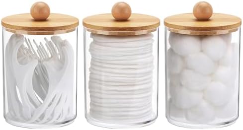 Tbestmax 10 Oz Cotton Swab Holder with Clear Jar and 3 Wood Lids